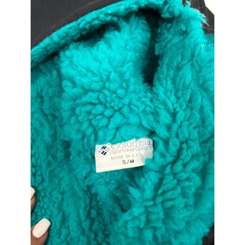 Vintage Columbia Sportswear Trapper Hat Black Teal Sherpa Lined Made‎ in USA S/M